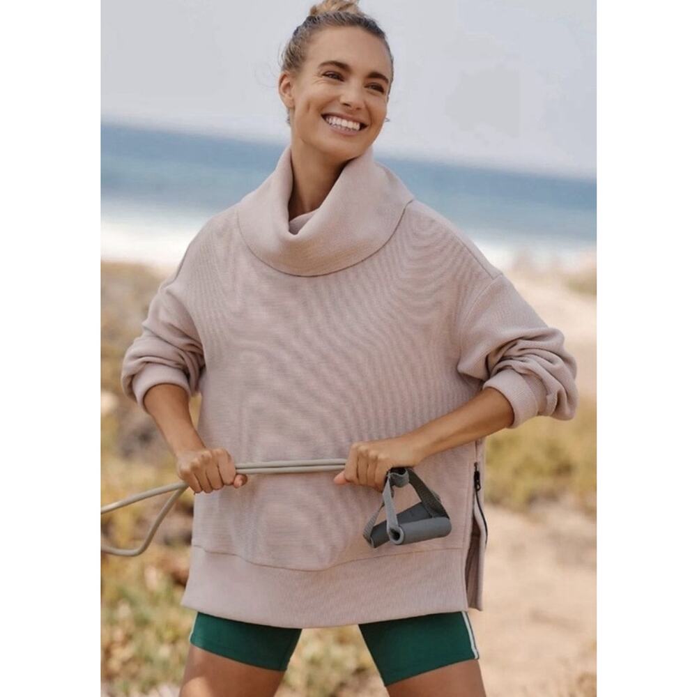 Varley Milton Ribbed Turtleneck Sweatshirt Mauve Pink Side Zip L